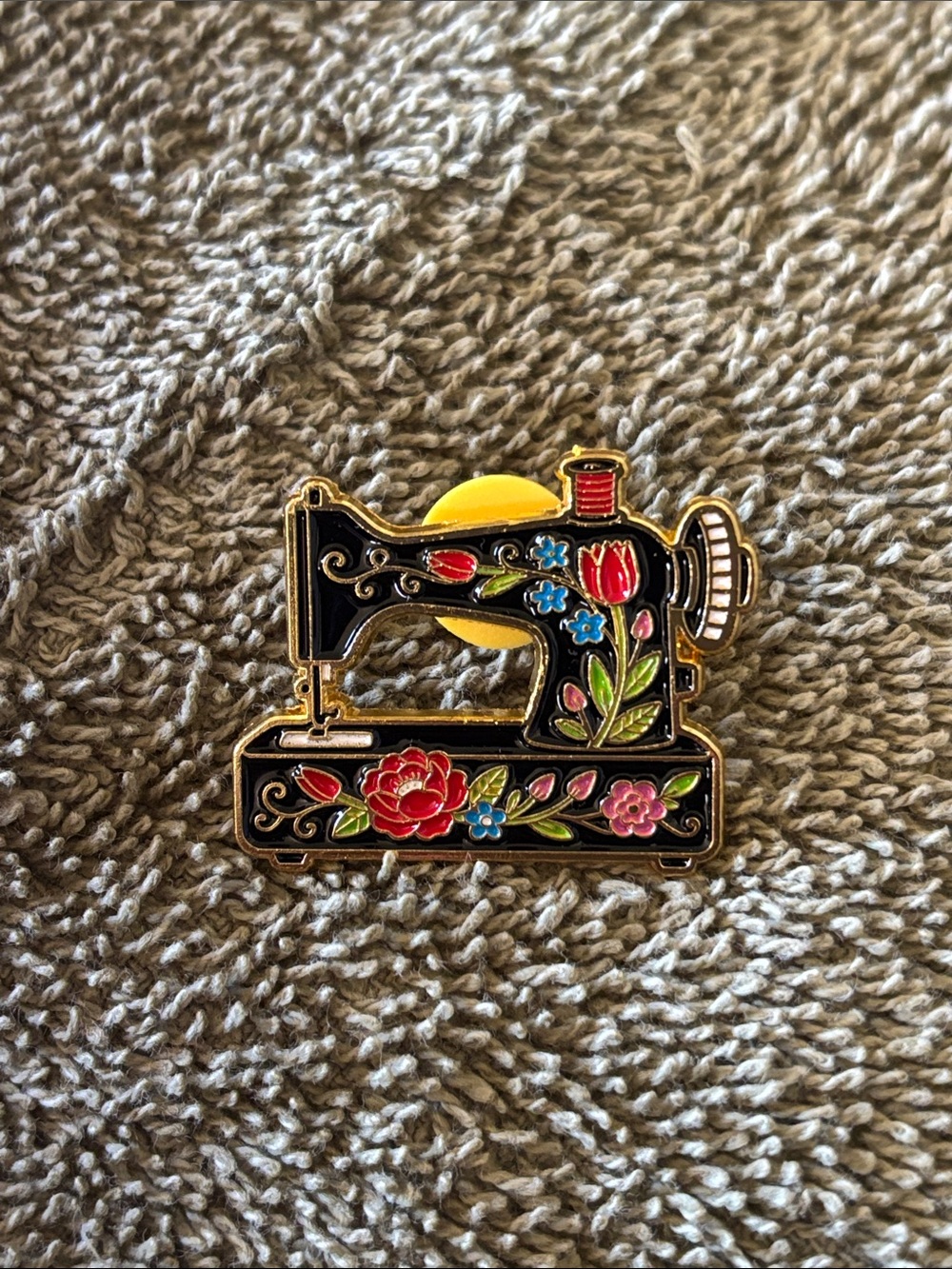 Floral Vintage Sewing Machine Enamel Pin - Black and Multicolor